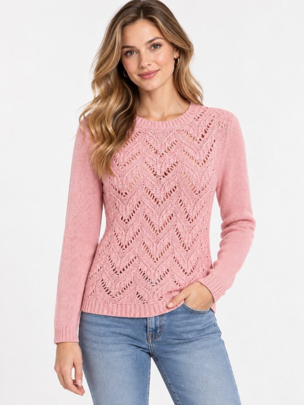 Talbots Petites LP Scallop Pink Pointelle Cotton Blend Crewneck Pullover Sweater